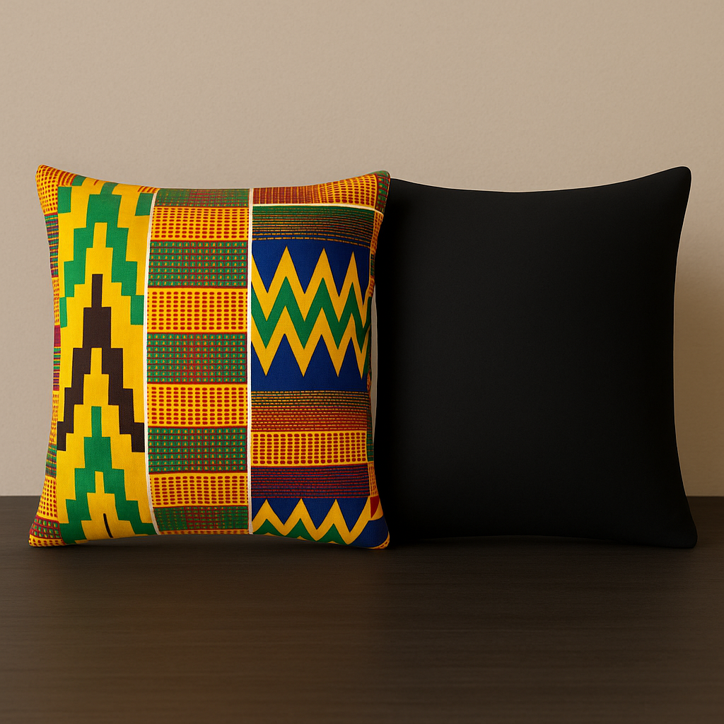 Reversible Kente & Solid Black Pillow – Handmade Accent Decor