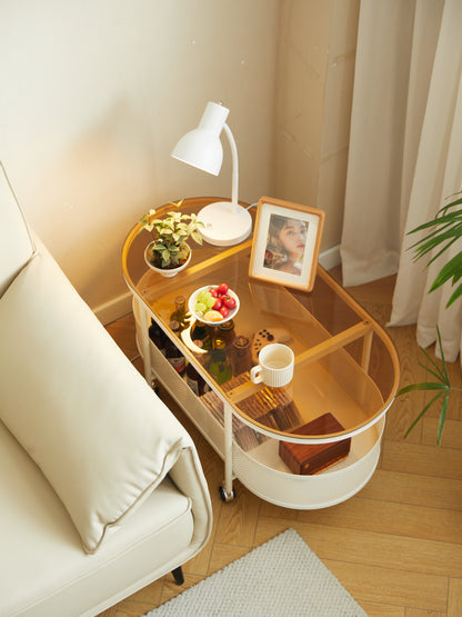 Oval Glass & Metal Coffee Table – Modern Rolling Storage Accent Table