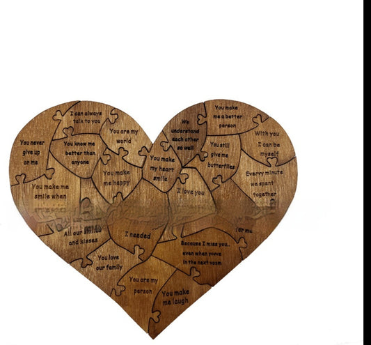 Wooden heart puzzle with engraved messages expressing love and appreciation. Each piece features a heartfelt reason.