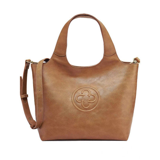 Gene' Leather Commuter Tote Bag in brown leather with a logo emblem, featuring dual handles and a detachable shoulder strap.