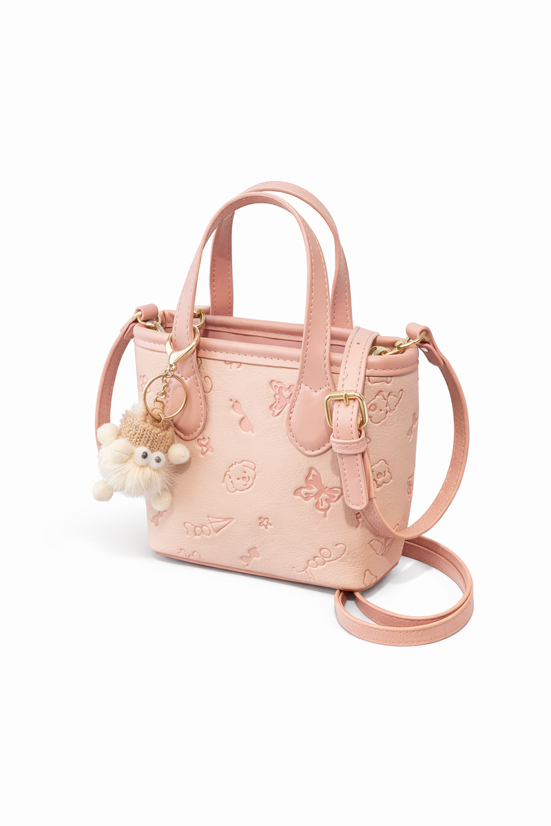 Pink Bucket Crossbody Bag with Pendant