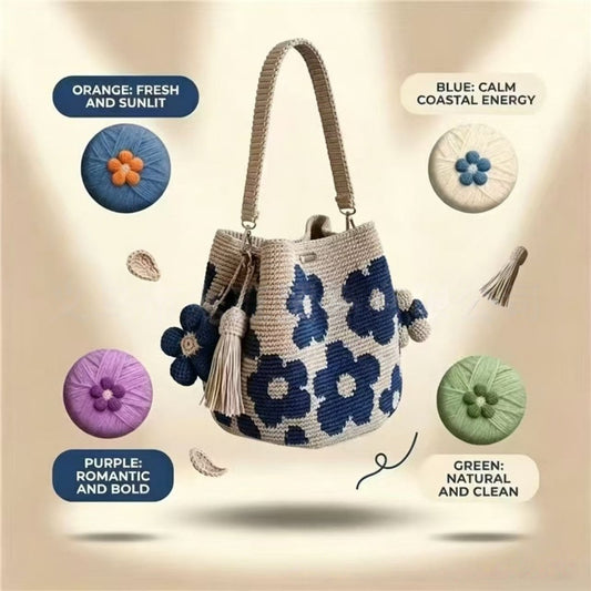 Crochet Tote Bag by AriaLuxe featuring floral designs in blue, orange, purple, and green with tassel accents.
