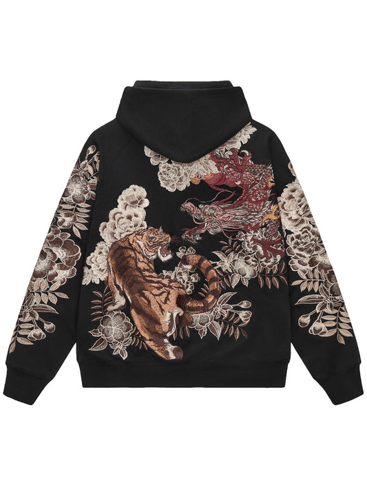 Black zip hoodie featuring intricate dragon and tiger embroidery with floral designs on the back. Stylish and unique.