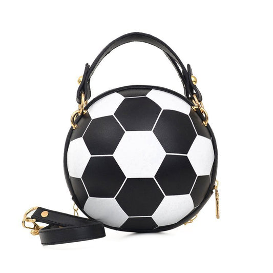 Circle Sport Mini Bag featuring a round design resembling a soccer ball, with black and white hexagonal patterns and a detach