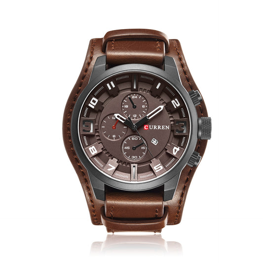 Curren 8225 Men's Calendar Watch features a brown leather strap, large dial with silver-tone numbers, and chronograph functio