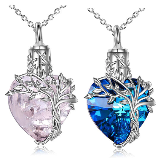 AriaLuxe Tree of Life Memorial Necklace featuring a heart-shaped pendant with a silver tree design and colorful gemstones.
