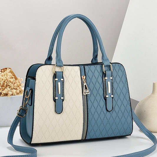 AriaLuxe Color-Blocking Women Handbag Large Tote in blue and cream with diamond pattern and dual handles.