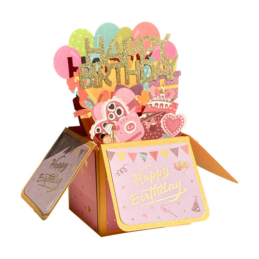 Colorful Signature 3D Birthday Surprise Card featuring "Happy Birthday" decorations, balloons, and festive designs in a pop-u