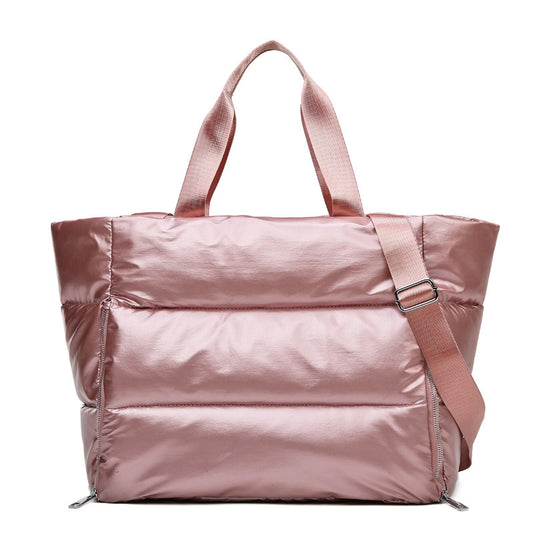 Waterproof Travel Tote Bag in rose gold with dual compartments for dry and wet items, featuring sturdy handles and a shoulder