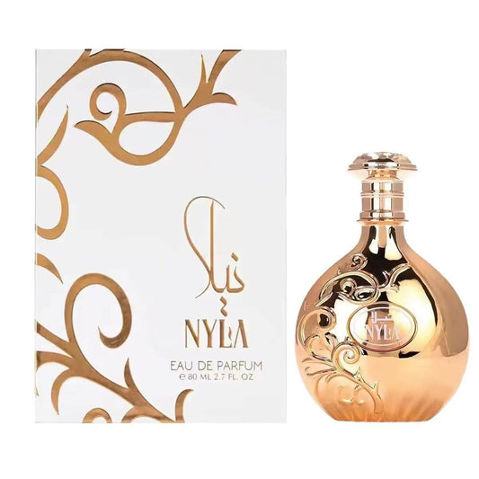 Nyla EDP Prestige Perfume in an ornate gold and clear bottle, with a decorative box featuring elegant designs. 80 ml size.