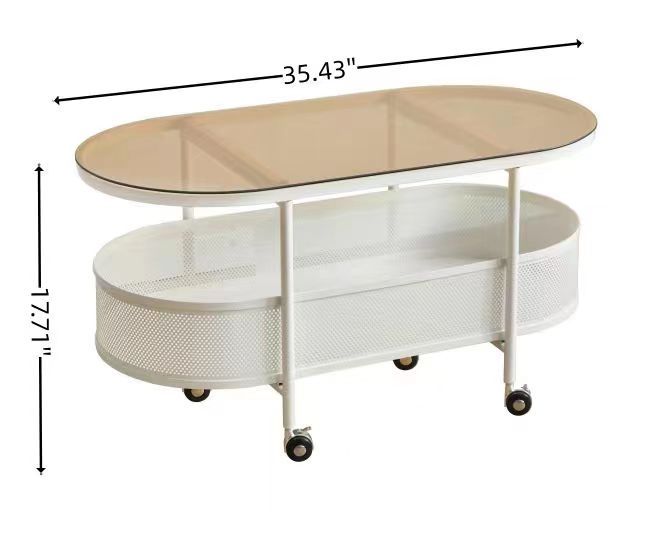 Oval Glass & Metal Coffee Table – Modern Rolling Storage Accent Table