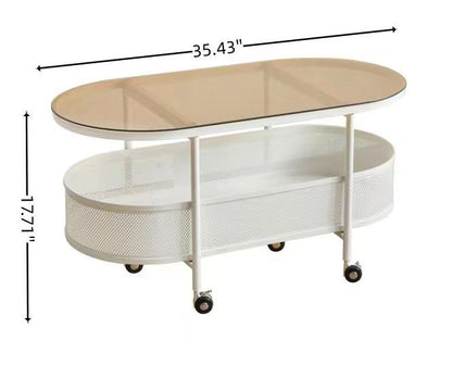 Oval Glass & Metal Coffee Table – Modern Rolling Storage Accent Table