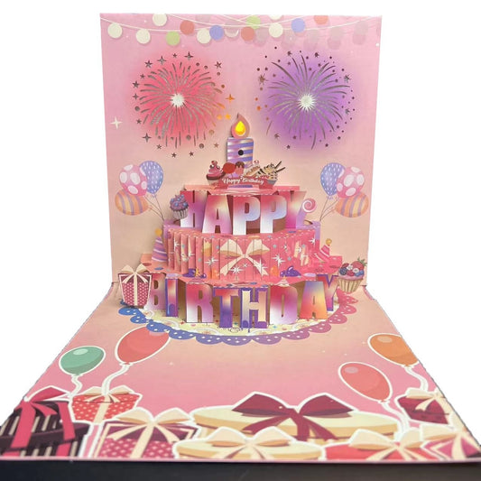 Deluxe 3D Pop-Up Birthday Card featuring a colorful cake, balloons, and fireworks with "Happy Birthday" text.