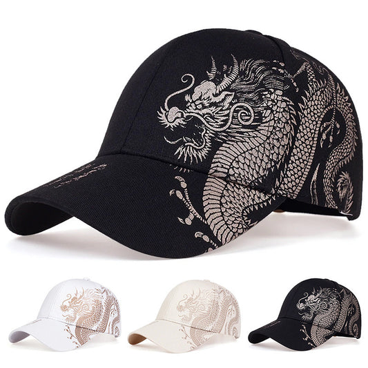 Black Dynasty Dragon Cap featuring a detailed dragon design. Available in white and beige options. Stylish and unique.