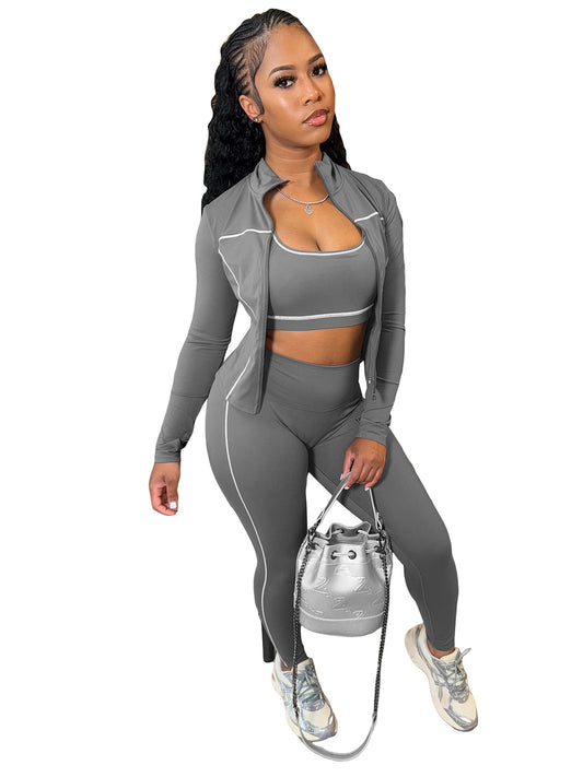Women's 3-Piece Tracksuit Set in gray, featuring a zip-up jacket, crop top, and leggings with thumb holes.