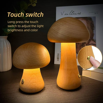 Wooden Mushroom Touch Lamp – LED Bedside Night Light for Bedroom & Home Décor