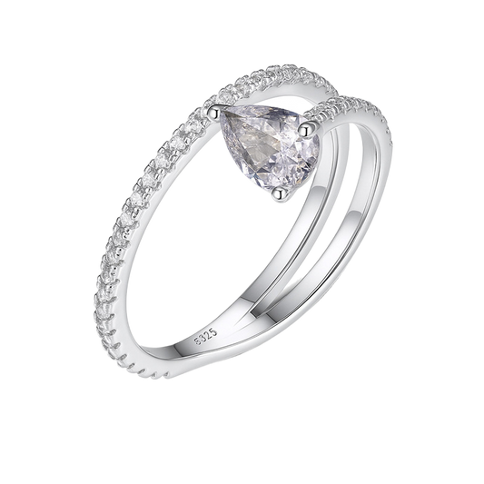 Luxe Teardrop Moissanite Stackable Ring Set featuring a pear-shaped stone and sparkling band accents in silver.