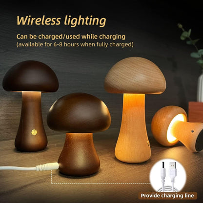 Wooden Mushroom Touch Lamp – LED Bedside Night Light for Bedroom & Home Décor