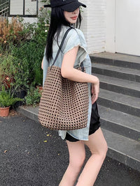 Woven Hollow Cowhide Leather Crossbody Handbag