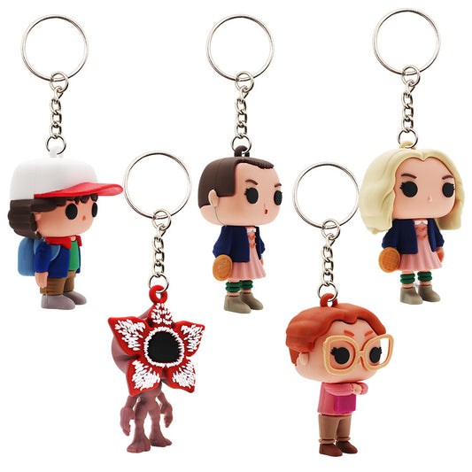 Stranger Things Keychain Pendant set featuring five characters: Eleven, Dustin, Mike, Lucas, and Demogorgon.