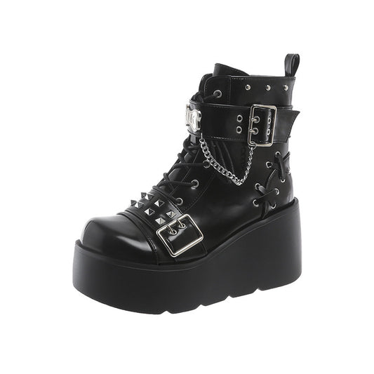 AriaLuxe Noir Elevated Platform Boots feature a black faux leather design with studs, buckles, and a chunky platform sole.