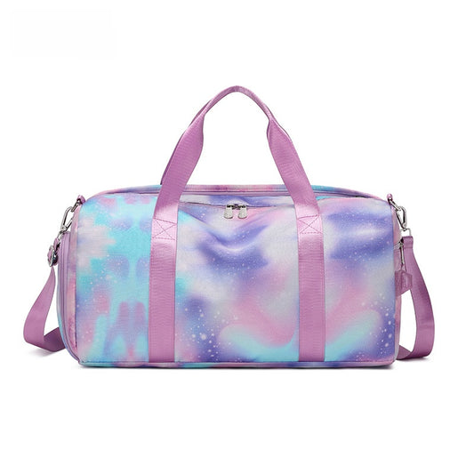 AriaLuxe Travel Sports Bag featuring a colorful galaxy print with purple accents and dual handles. Ideal for sports and trave