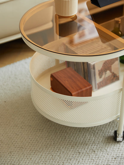 Oval Glass & Metal Coffee Table – Modern Rolling Storage Accent Table
