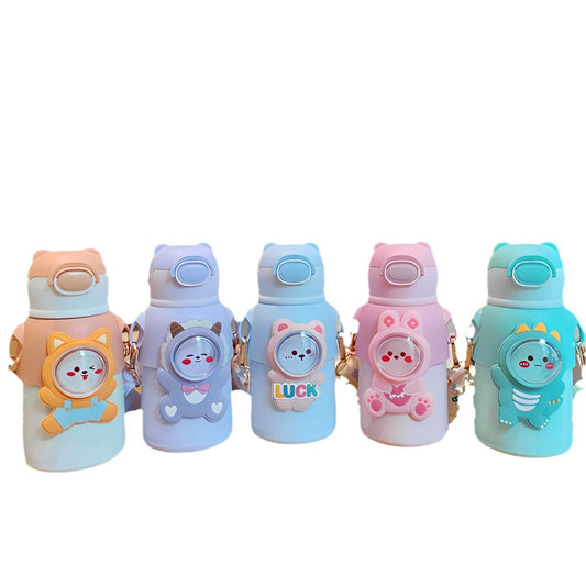 Colorful AriaLuxe Cartoon Bear Insulated Kids Water Bottles in various pastel colors with cute bear designs and straps.