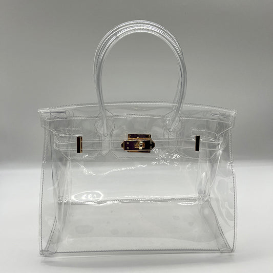 Transparent women's bag by AriaLuxe with a structured design and gold hardware accents. Ideal for stylish organization.