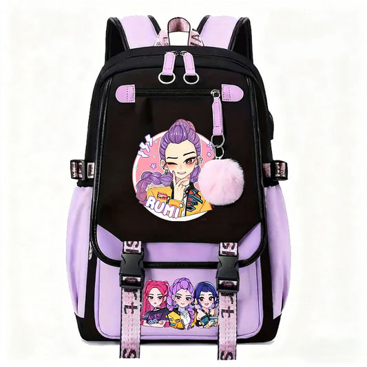 New Anime KPop Backpack featuring colorful character designs, a pom-pom keychain, and adjustable straps.