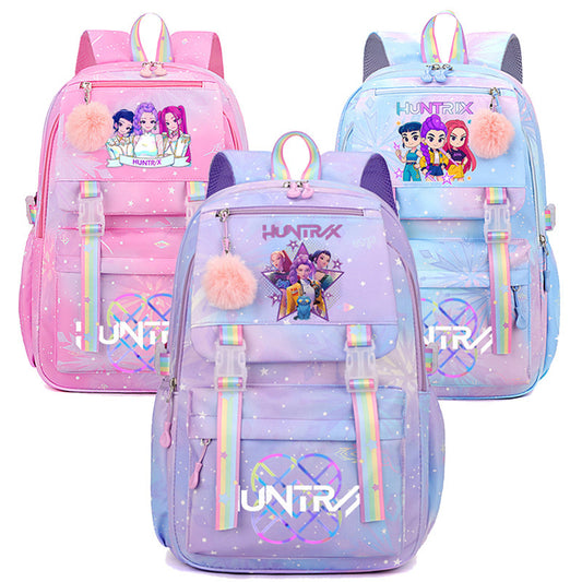 K-Pop Fantasy Character School Backpack featuring pastel colors, star patterns, and playful character designs.