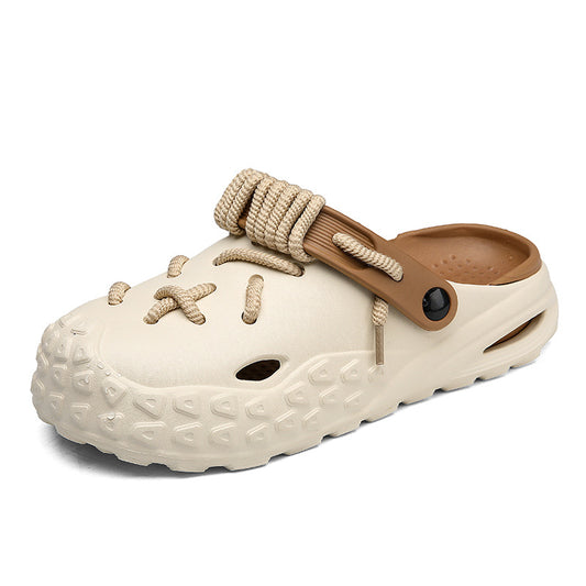 Beige anti-slip beach sandals with a textured sole and decorative laces, designed for students. Odor-resistant material.