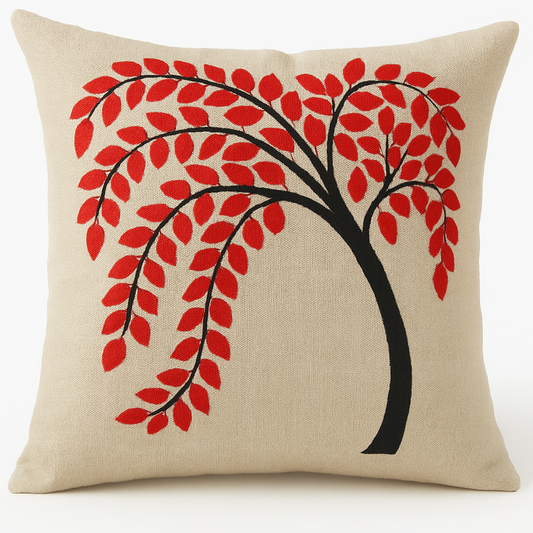 Premium Red Leaf Tree Linen Pillow – Minimalist Nature-Inspired Decor