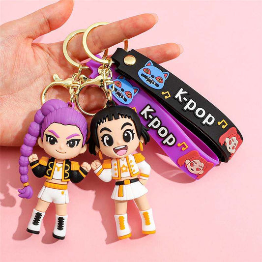 Anime Character Keychain with Gold Buckle featuring two colorful characters, K-pop themed straps, and a vibrant design.