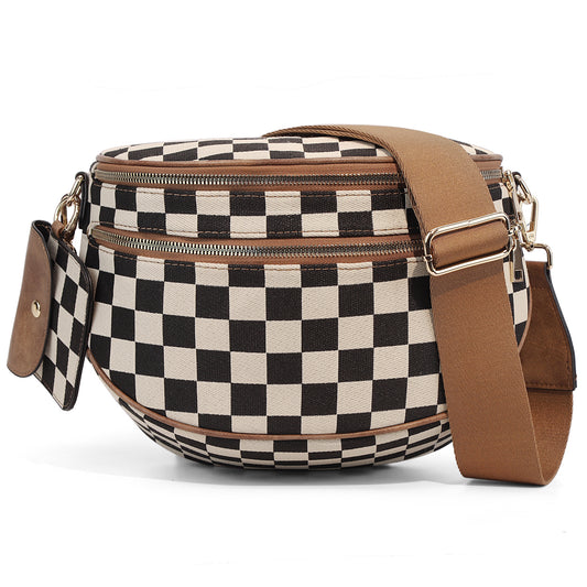 Checkerboard Pattern Crossbody Shell Bag featuring a round shape, black and white checkered design, and a tan adjustable stra
