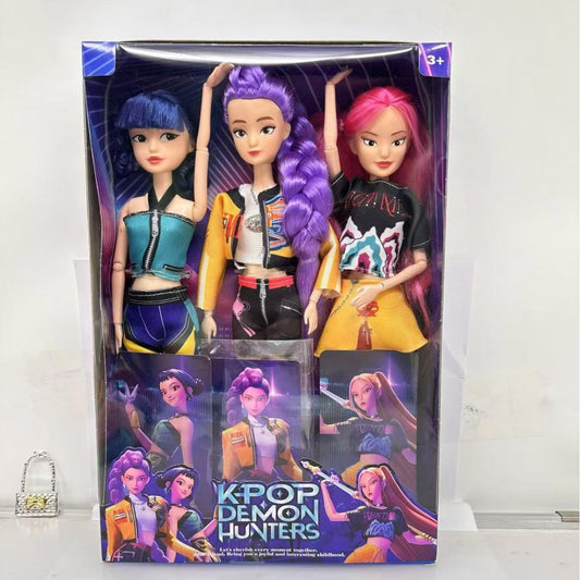 K Pop Dream Girl Doll Set featuring three stylish dolls with colorful hair and trendy outfits, packaged in a vibrant box.