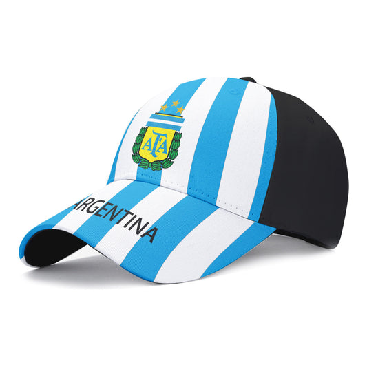 Luxe Sport Logo Cotton Cap featuring blue and white stripes with an Argentina flag design and black accents.