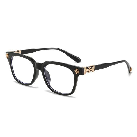 Anti Blue Light Square Sunglasses with UV Protection featuring a black frame and gold accents on the temples.