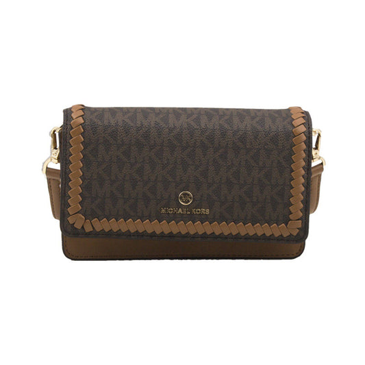 Limited Designer-Release Michael Kors Jade Chain Crossbody Bag featuring a brown monogram pattern with braided detailing.
