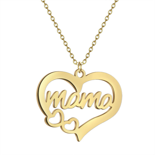 Gold Mama Hollow Heart Pendant Necklace featuring the word "mama" in a cursive font within a heart shape.