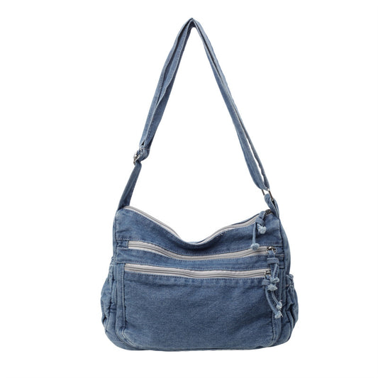 Harajuku Street Canvas Crossbody Shoulder Bag in denim blue with multiple zippered pockets and adjustable strap.