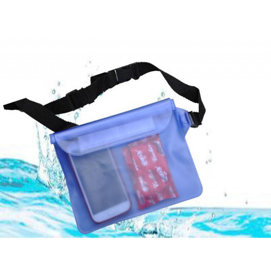 Smart Belt Bag in translucent blue, featuring a waterproof design, adjustable strap, and a phone inside. Ideal for outdoor ac