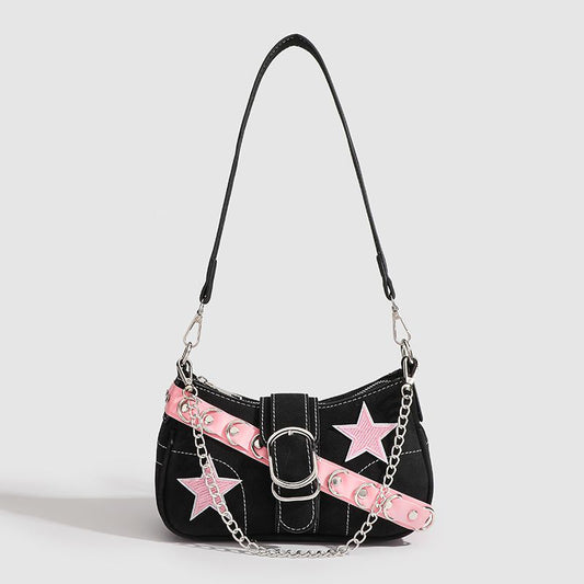 Black baguette shoulder bag with pink star accents and a chain strap. Features a buckle detail on the front.