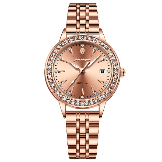 Women's Waterproof Luminous Quartz Watch with a rose gold metal band, sparkling bezel, and elegant dial.