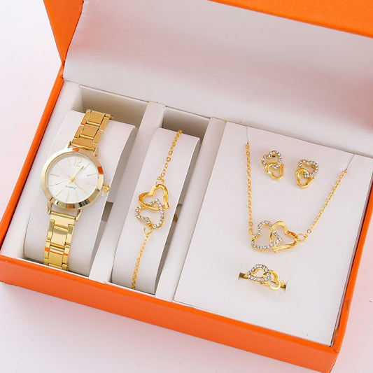 Women's Fashion Quartz Watch with Bracelet, gold watch, heart-shaped jewelry set, displayed in an orange box.