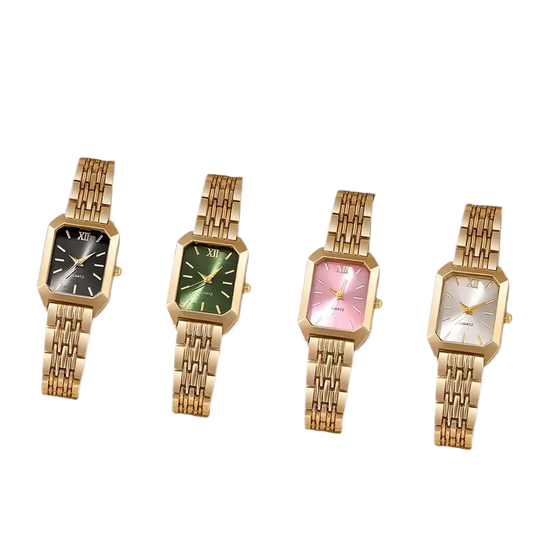 Four square women's watches in gold-tone metal, featuring black, green, pink, and white dials, displayed in a white box.